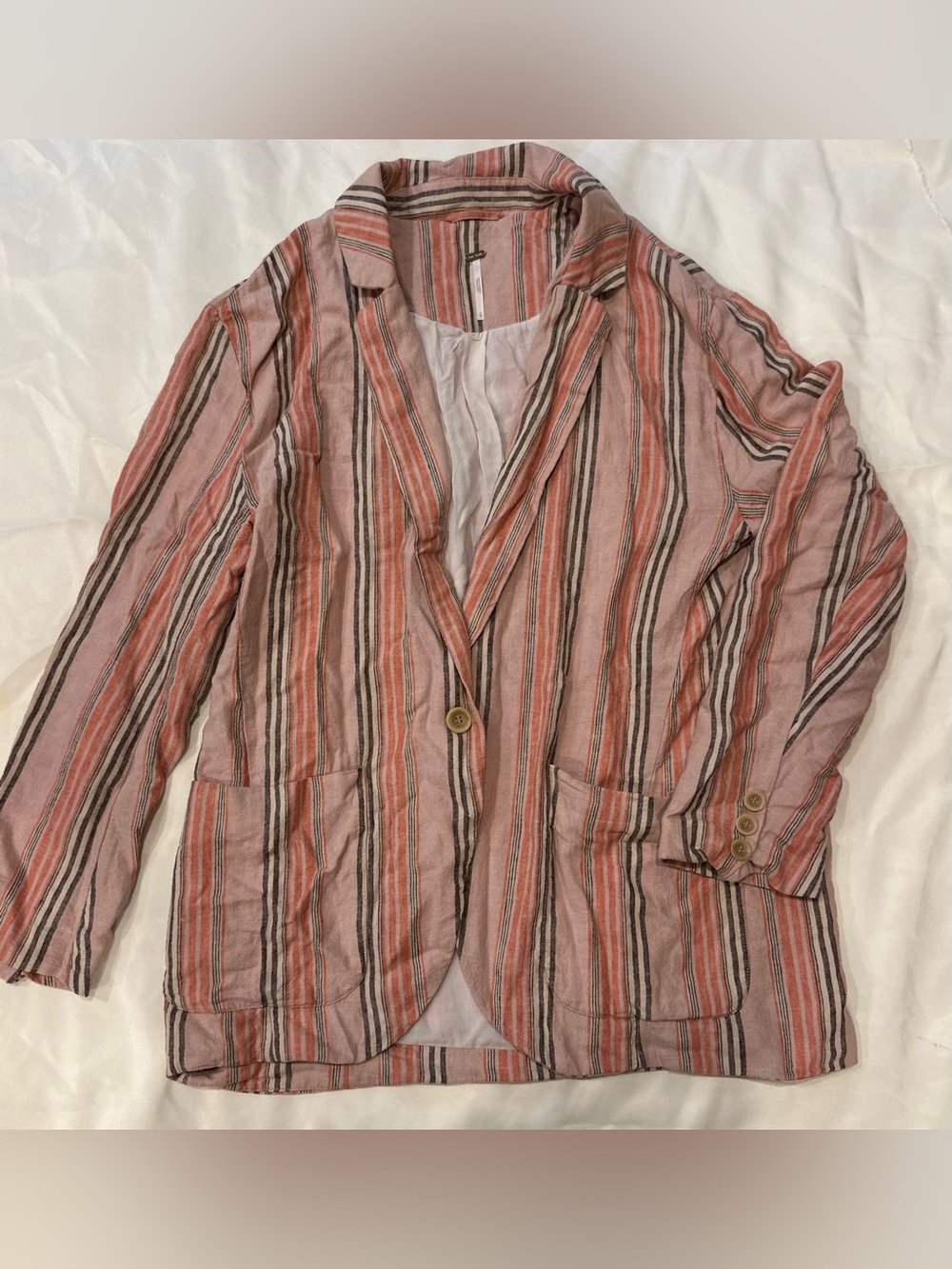 Free People Striped Pink Linen-Blend Boyfriend Blazer